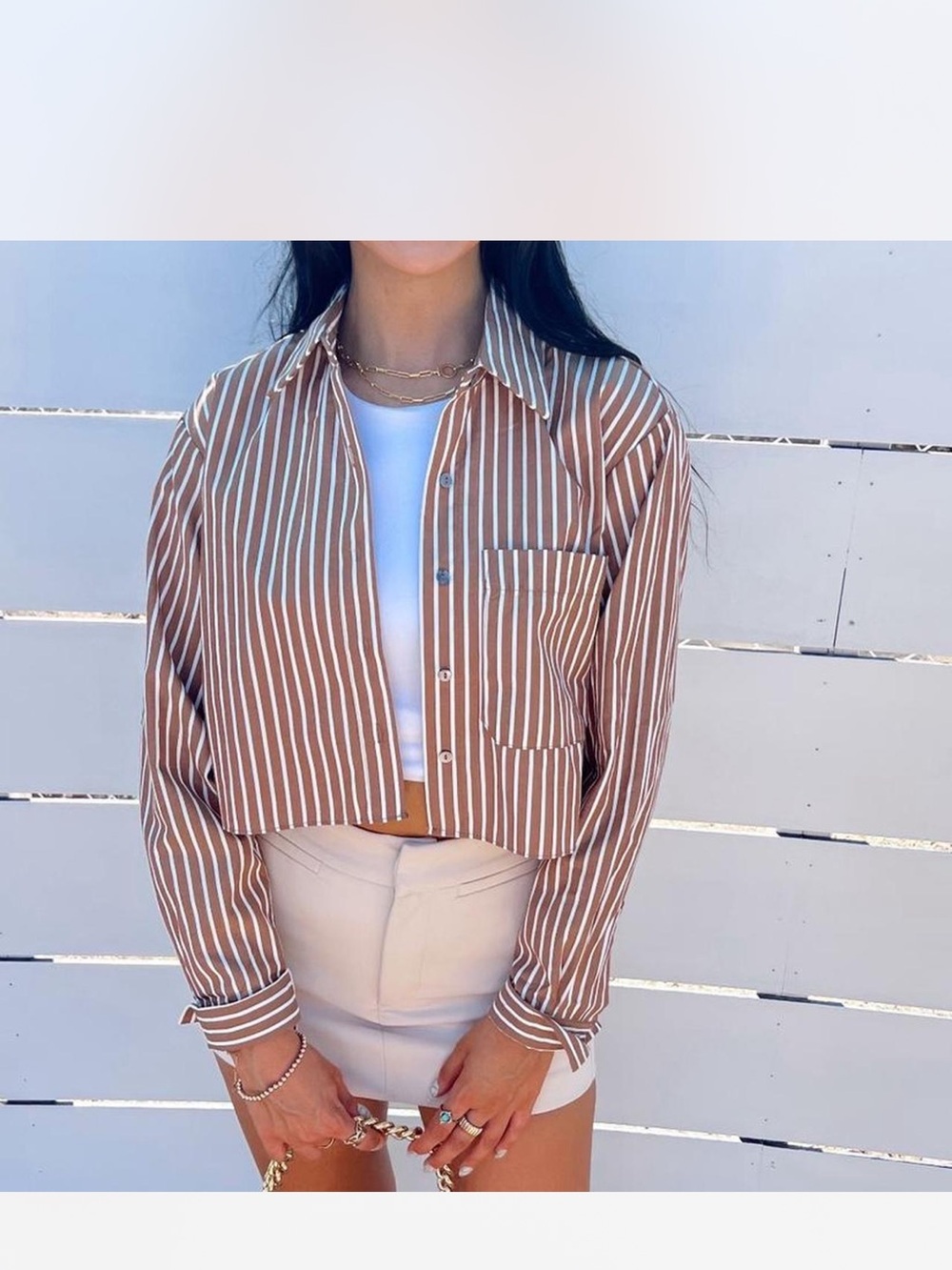 Olivaceous Brown and White Striped Cropped Button-Down Shirt